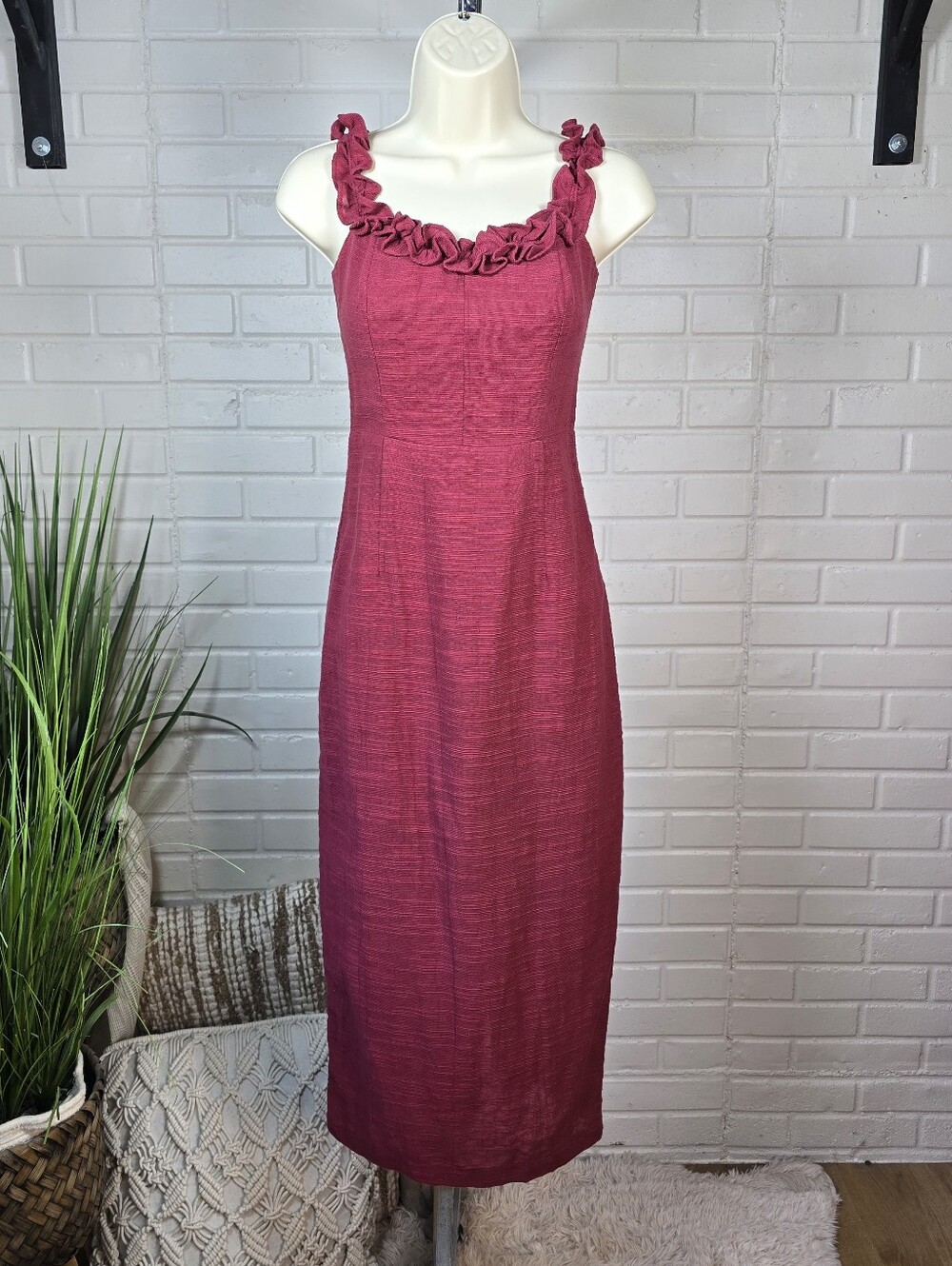Petal and Pup Ruffled Strap Maroon Midi Dress Size 4